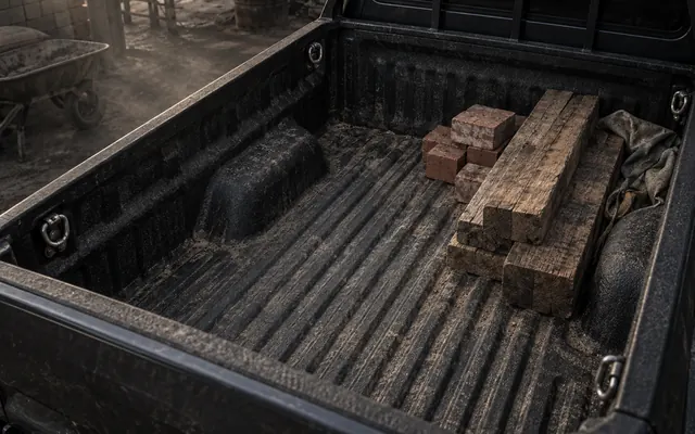 Bak kargo pikap dengan lapisan bedliner kasar dan susunan kayu