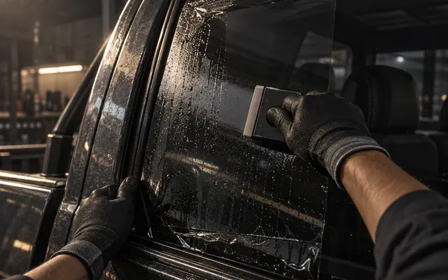 Pemasangan filem tint pada cermin pintu belakang pikap